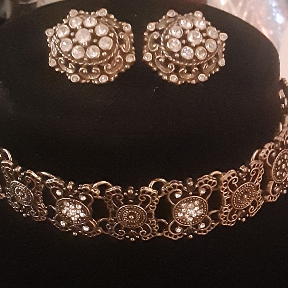 Vintage Crystal and Brass Panel Choker + Earrings